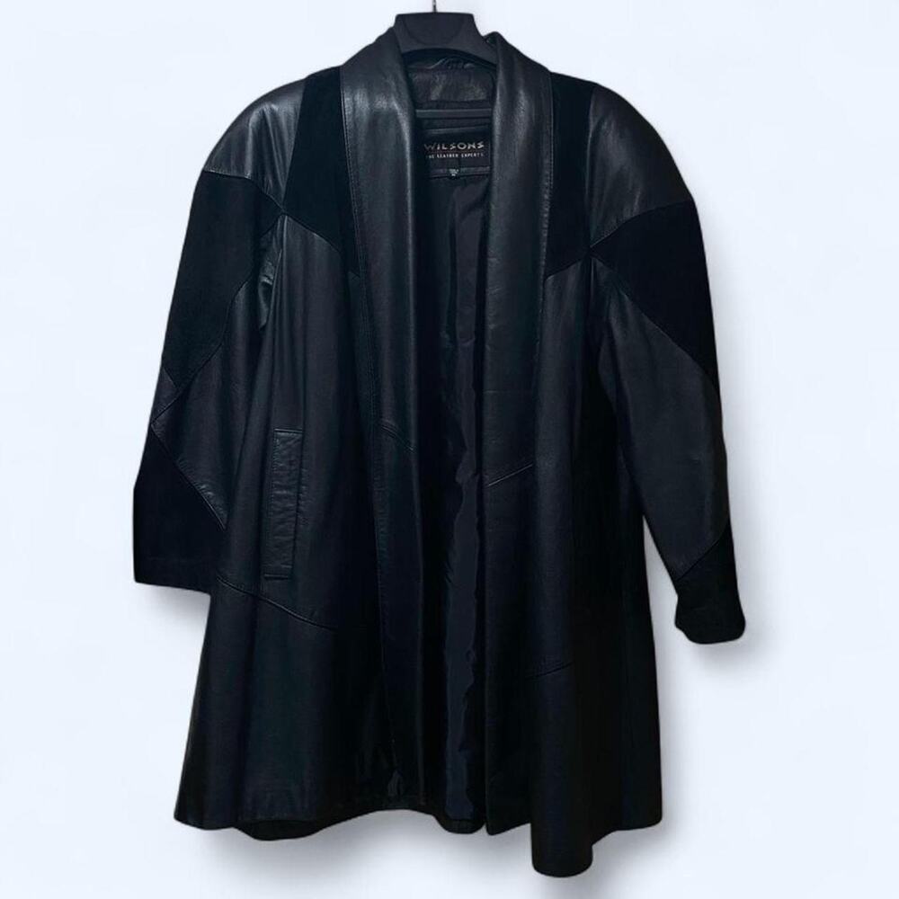 Vintage 90s Wilsons Leather Black Mid Length Duster Coat
